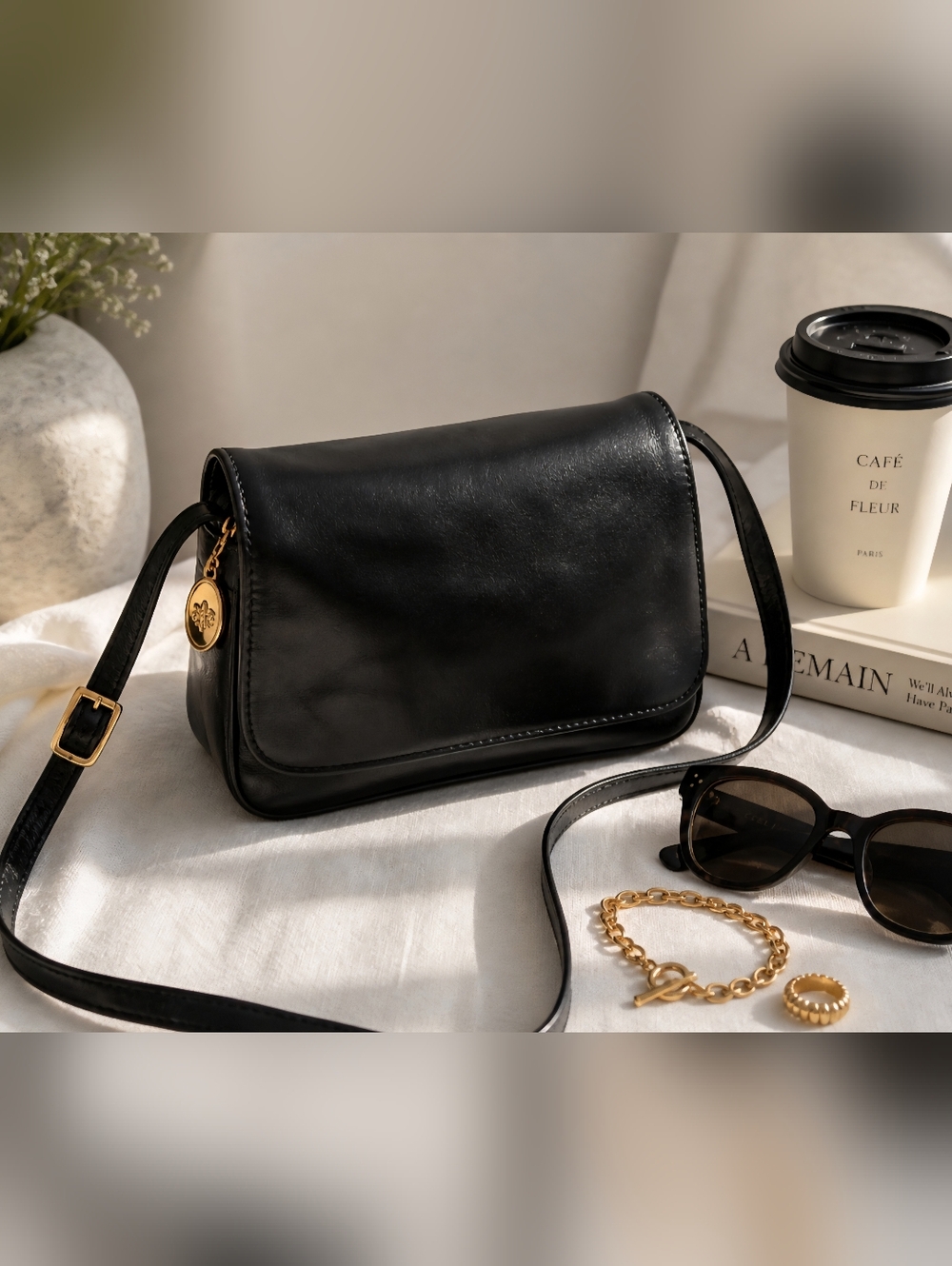 Peruzzi Firenze Black Leather Crossbody Bag Italian Minimalist Gold Hardware